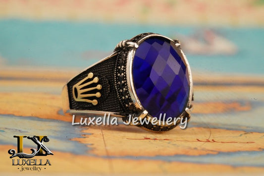 Sterling Silver Sapphire Men's Ring - Handcrafted Ring for Men