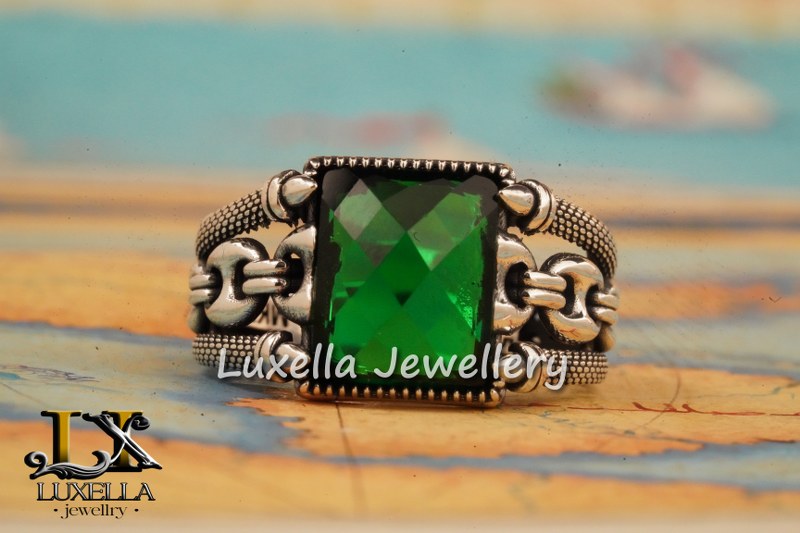 Sterling Silver Emerald Men's Ring - Unique Handcrafted Ring for Men