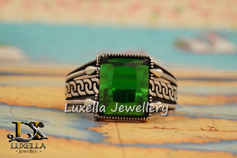 Sterling Silver Emerald Men's Ring - Unique Handcrafted Ring for Men