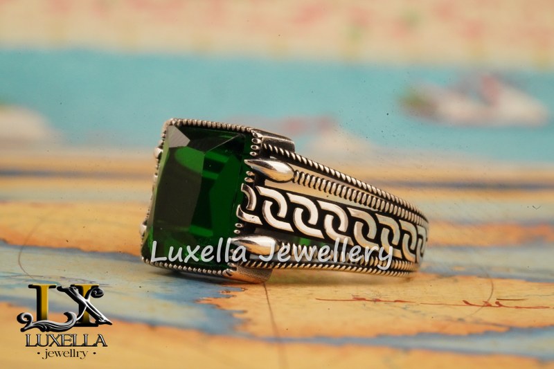 Sterling Silver Emerald Men's Ring - Unique Handcrafted Ring for Men