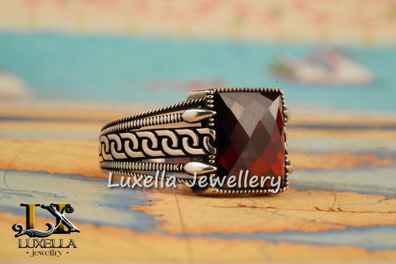 Sterling Silver Garnet Men's Ring - Handcrafted Jewelry for Bold Style