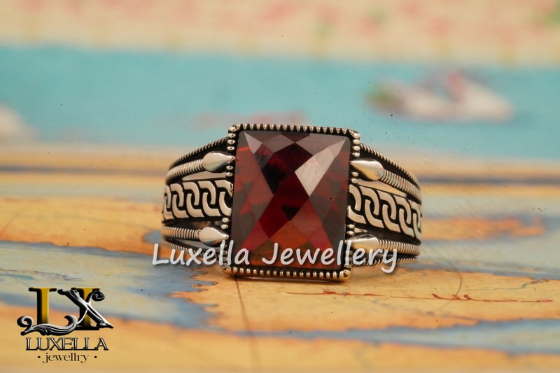 Sterling Silver Garnet Men's Ring - Handcrafted Jewelry for Bold Style