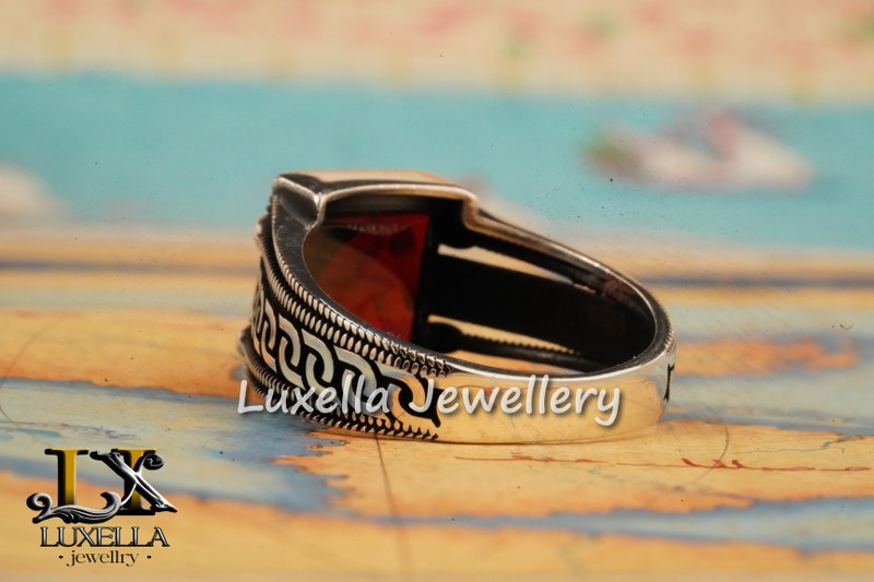 Sterling Silver Garnet Men's Ring - Handcrafted Jewelry for Bold Style