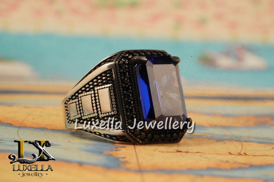 Sterling Silver Sapphire Men's Ring - Handcrafted Ring for Men