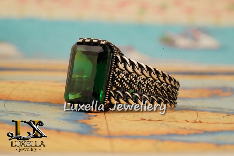 Sterling Silver Emerald Men's Ring - Unique Handcrafted Ring for Men