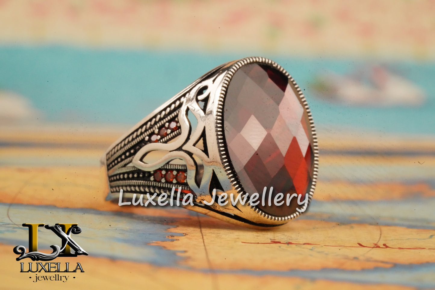 Sterling Silver Garnet Men's Ring - Handcrafted Jewelry for Bold Style