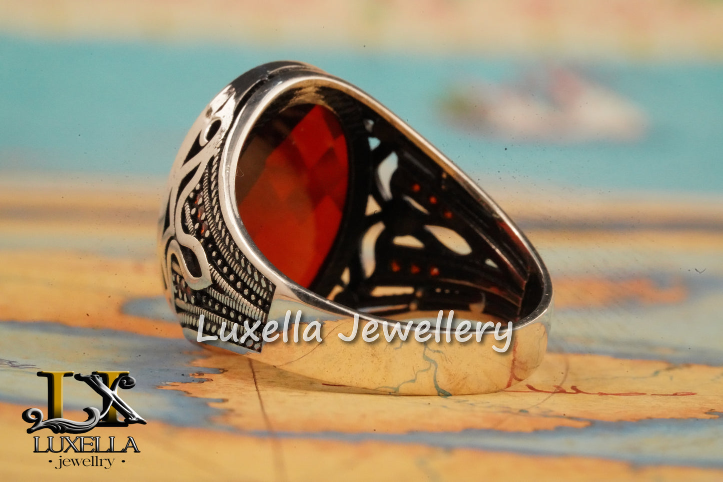 Sterling Silver Garnet Men's Ring - Handcrafted Jewelry for Bold Style