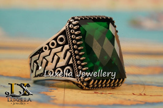 Sterling Silver Emerald Men's Ring - Unique Handcrafted Ring for Men