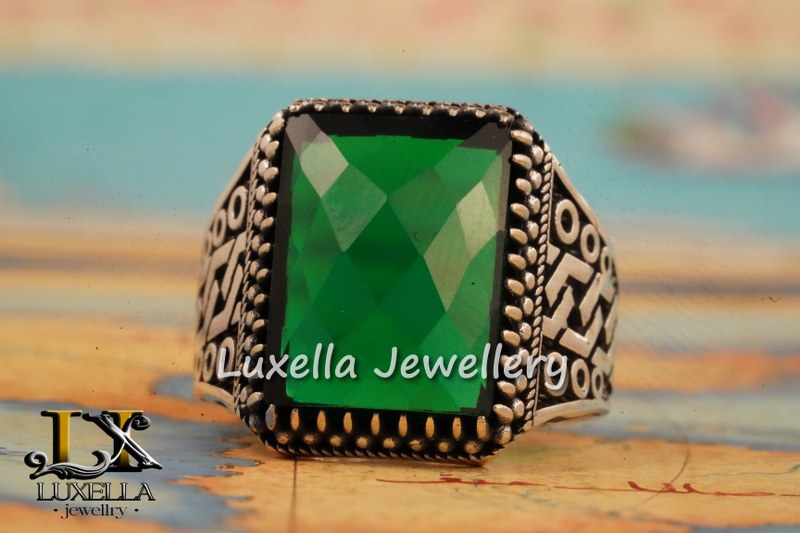 Sterling Silver Emerald Men's Ring - Unique Handcrafted Ring for Men