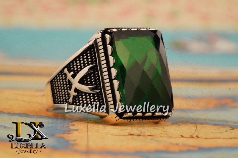 Sterling Silver Emerald Men's Ring - Unique Handcrafted Jewelry for Men