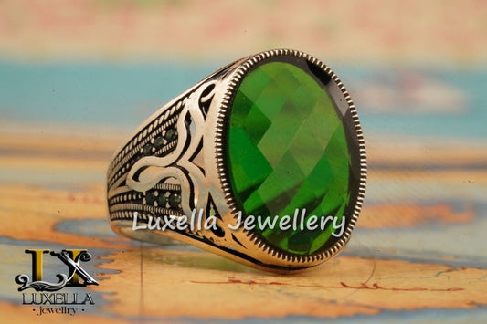 Sterling Silver Emerald Men's Ring - Unique Handcrafted Ring for Men