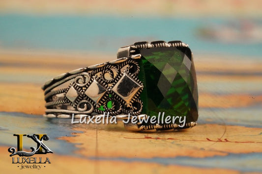 Sterling Silver Emerald Men's Ring - Unique Handcrafted Ring for Men