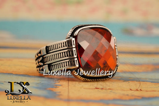 Sterling Silver Garnet Men's Ring - Handcrafted Jewelry for Bold Style