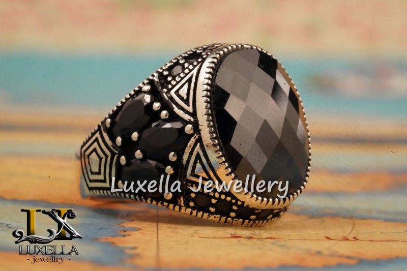 Sterling Silver Black Onyx Zircon Men's Ring - Unique Handmade Ring for Men