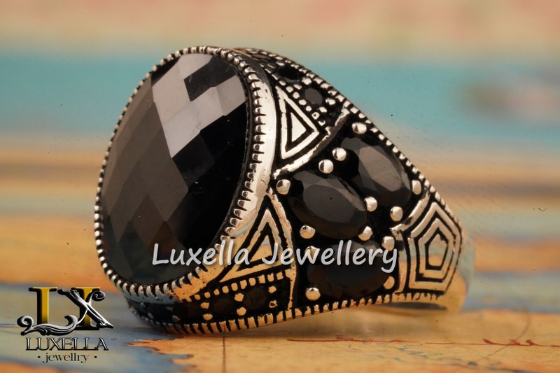 Sterling Silver Black Onyx Zircon Men's Ring - Unique Handmade Ring for Men