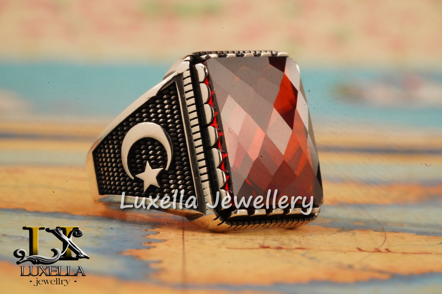 Sterling Silver Garnet Men's Ring - Handcrafted Jewelry for Bold Style