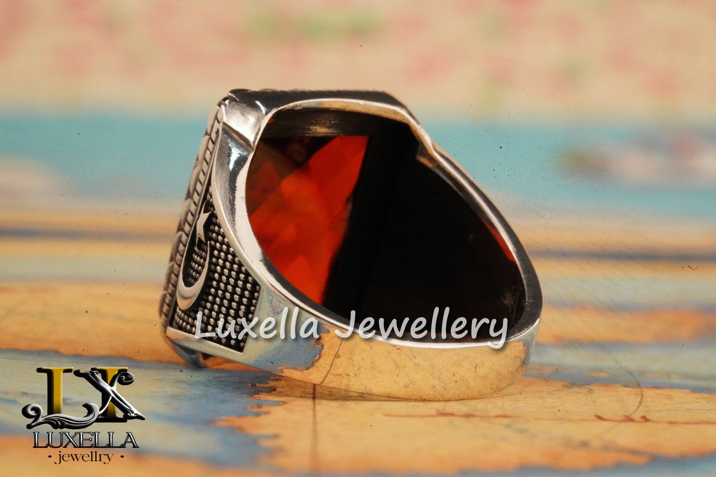 Sterling Silver Garnet Men's Ring - Handcrafted Jewelry for Bold Style