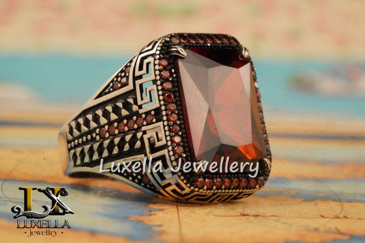 Sterling Silver Garnet Men's Ring - Handcrafted Jewelry for Bold Style