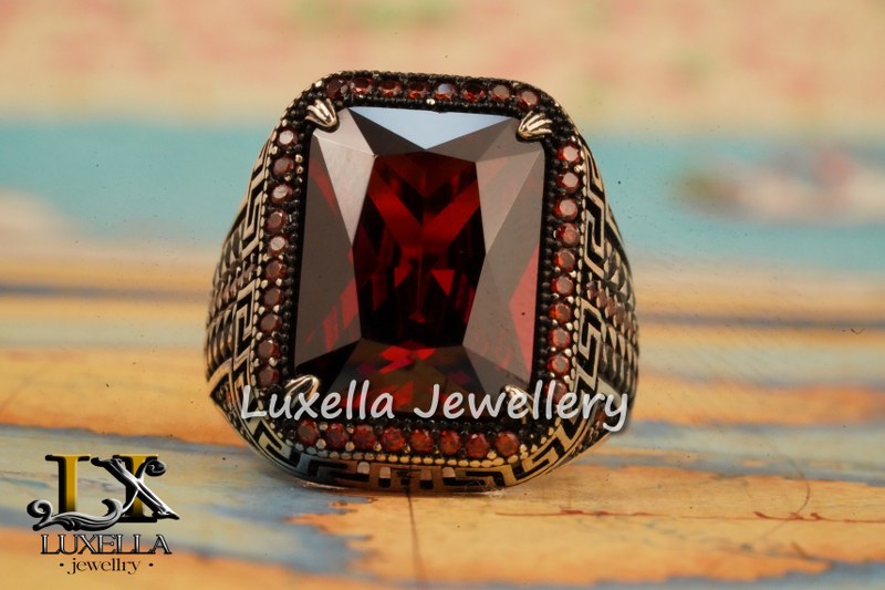 Sterling Silver Garnet Men's Ring - Handcrafted Jewelry for Bold Style