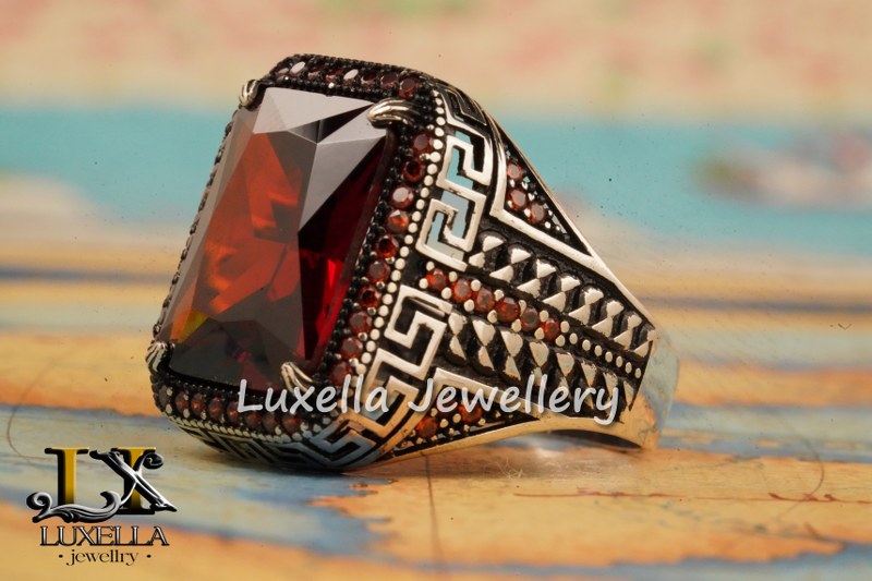 Sterling Silver Garnet Men's Ring - Handcrafted Jewelry for Bold Style