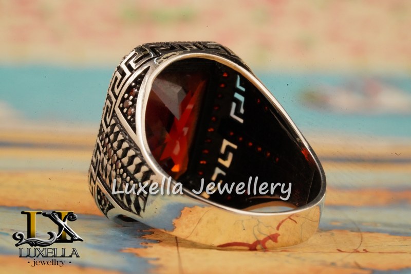 Sterling Silver Garnet Men's Ring - Handcrafted Jewelry for Bold Style