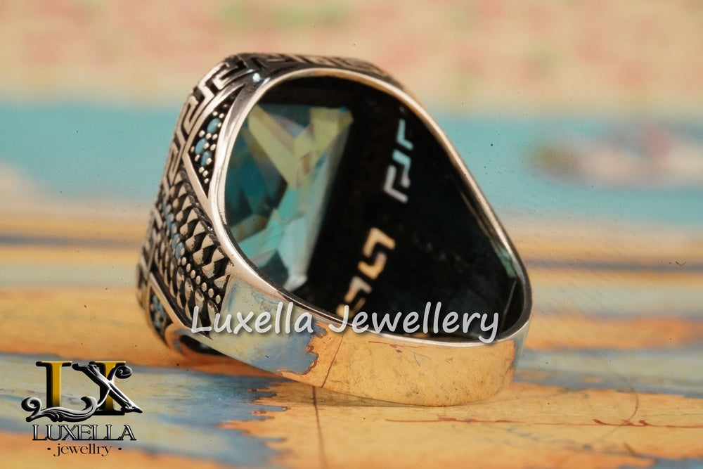 Sterling Silver Aquamarine Men's Ring - Elegant Handcrafted Jewelry for Men