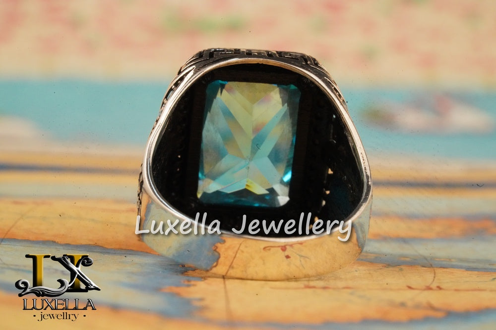 Sterling Silver Aquamarine Men's Ring - Elegant Handcrafted Jewelry for Men