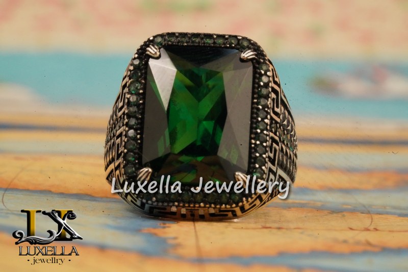 Sterling Silver Emerald Men's Ring - Unique Handcrafted Ring for Men