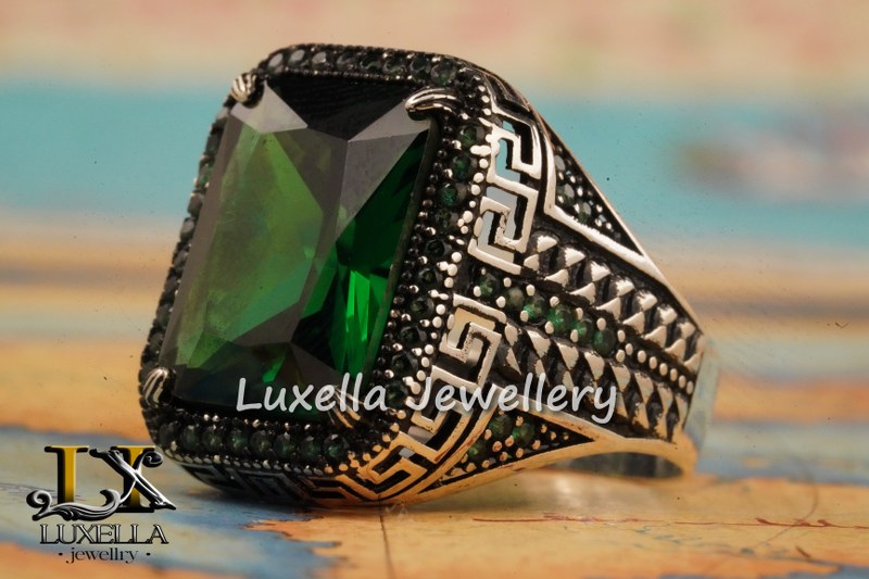 Sterling Silver Emerald Men's Ring - Unique Handcrafted Ring for Men