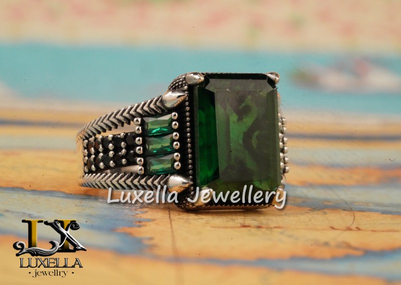 Sterling Silver Emerald Men's Ring - Unique Handcrafted Ring for Men