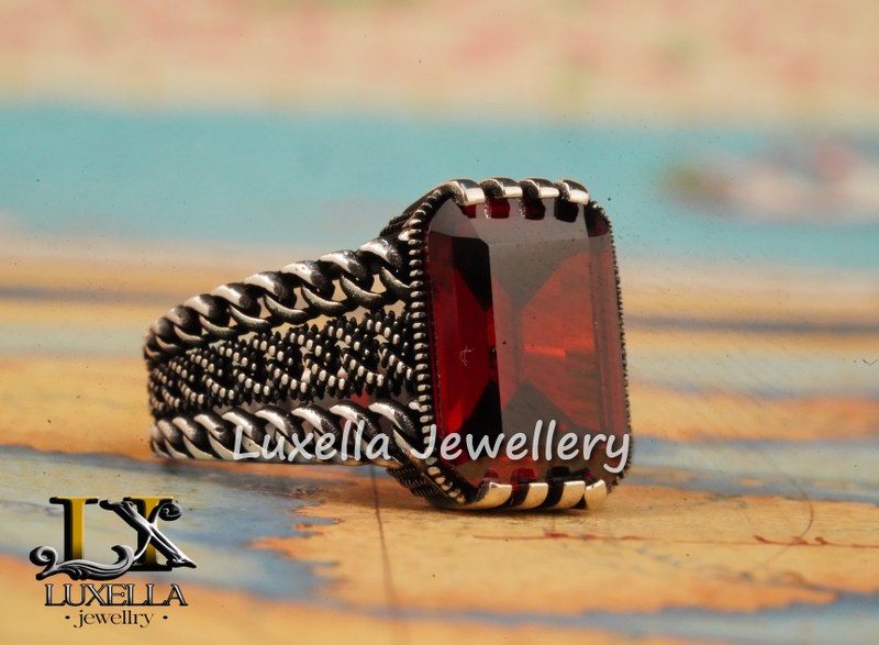 Sterling Silver Garnet Men's Ring - Handcrafted Jewelry for Bold Style