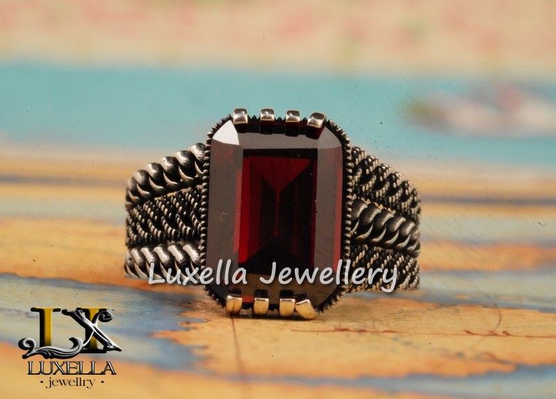 Sterling Silver Garnet Men's Ring - Handcrafted Jewelry for Bold Style