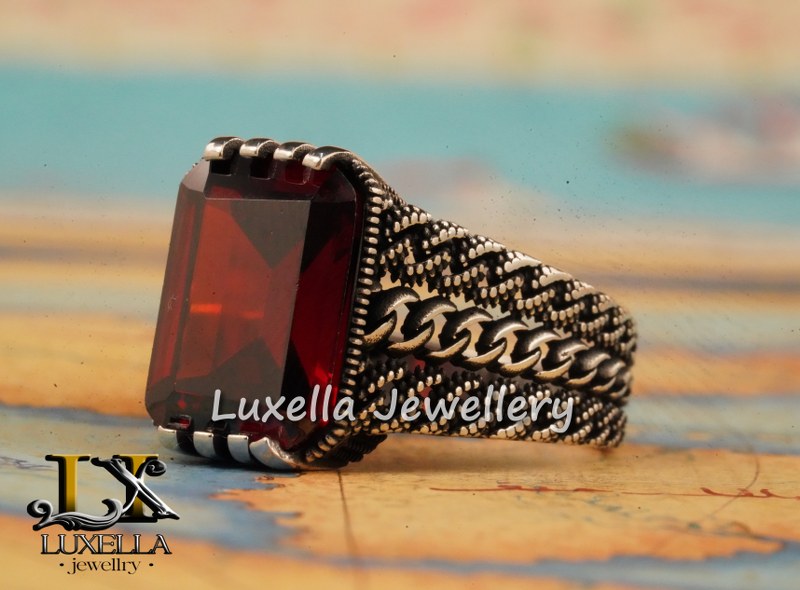 Sterling Silver Garnet Men's Ring - Handcrafted Jewelry for Bold Style