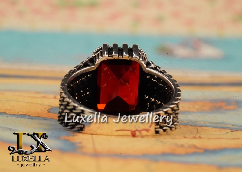 Sterling Silver Garnet Men's Ring - Handcrafted Jewelry for Bold Style