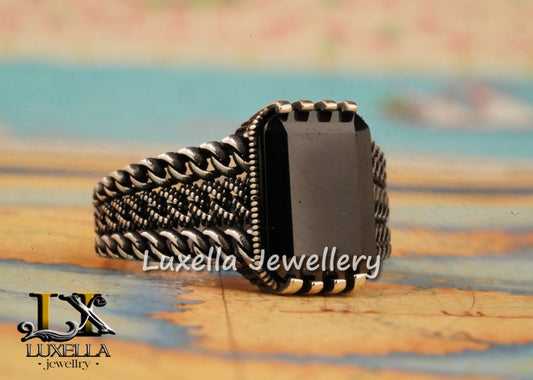 Sterling Silver Black Onyx Zircon Men's Ring - Unique Handmade Ring for Men