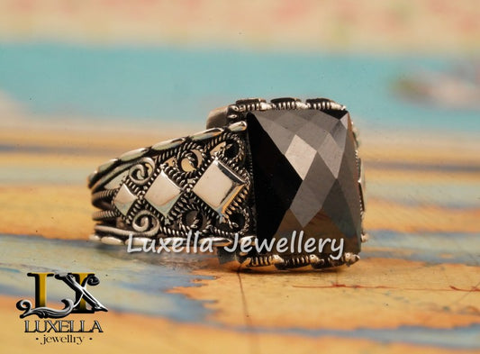 Sterling Silver Black Onyx Zircon Men's Ring - Unique Handmade Ring for Men