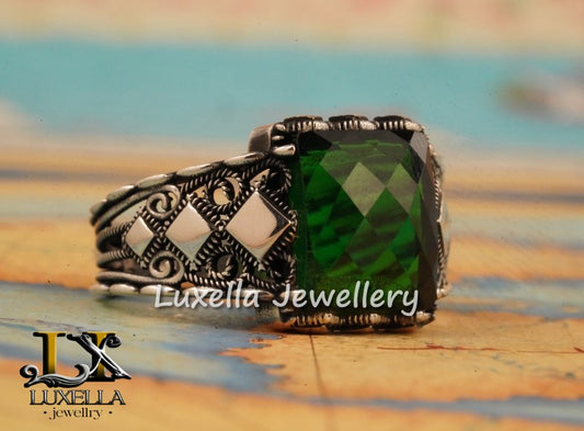 Sterling Silver Emerald Men's Ring - Unique Handcrafted Ring for Men