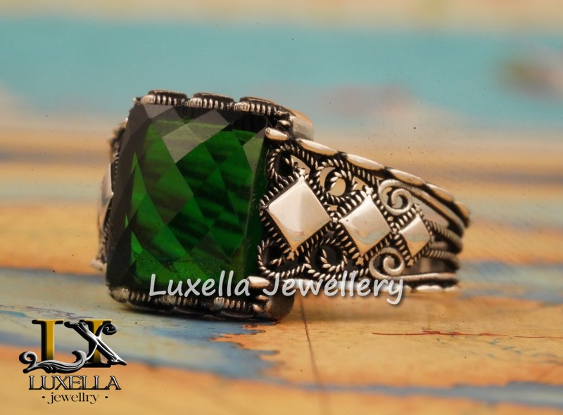 Sterling Silver Emerald Men's Ring - Unique Handcrafted Ring for Men