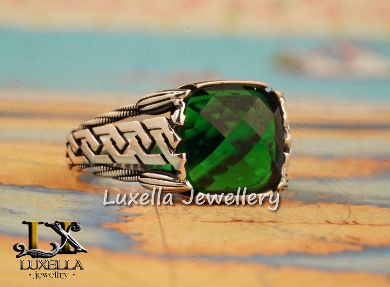 Sterling Silver Emerald Men's Ring - Unique Handcrafted Ring for Men