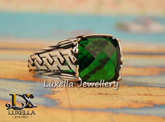 Sterling Silver Emerald Men's Ring - Unique Handcrafted Ring for Men