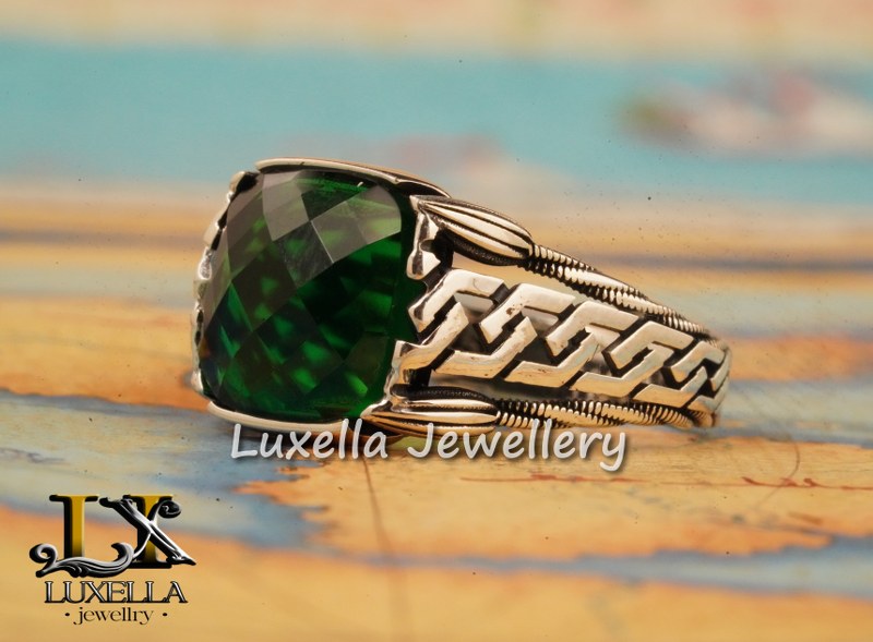 Sterling Silver Emerald Men's Ring - Unique Handcrafted Ring for Men