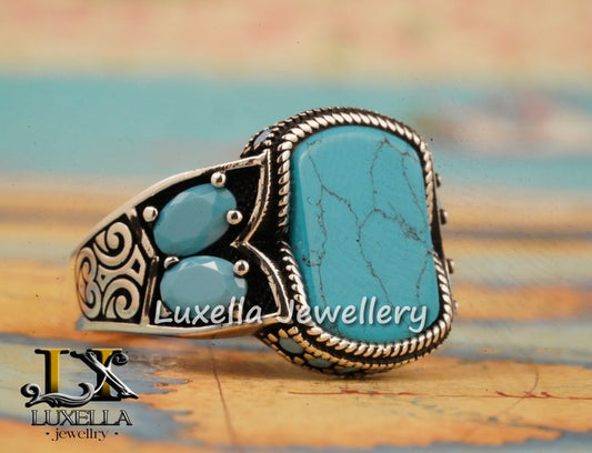 Sterling Silver Turquoise Men's Ring - Handcrafted Statement Jewelry for Men