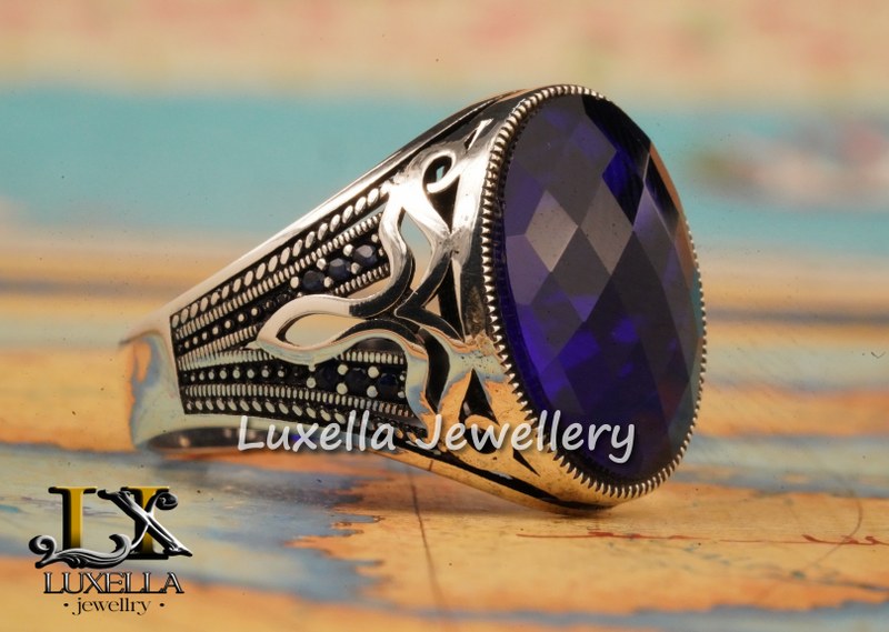 Sterling Silver Sapphire Men's Ring - Handcrafted Ring for Men