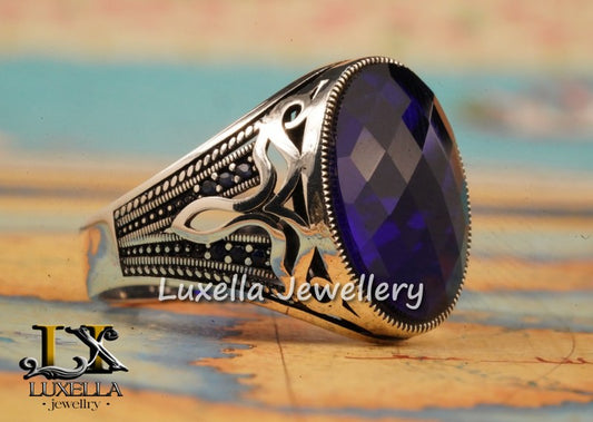 Sterling Silver Sapphire Men's Ring - Handcrafted Ring for Men