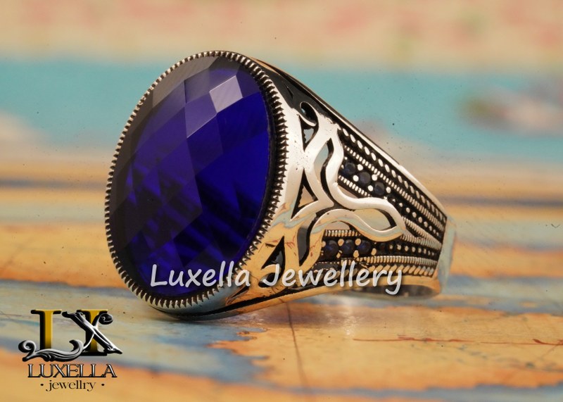 Sterling Silver Sapphire Men's Ring - Handcrafted Ring for Men