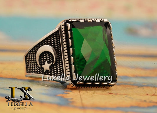 Sterling Silver Emerald Men's Ring - Unique Handcrafted Ring for Men