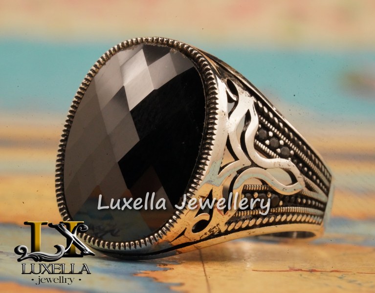 Sterling Silver Black Onyx Zircon Men's Ring - Unique Handmade Ring for Men