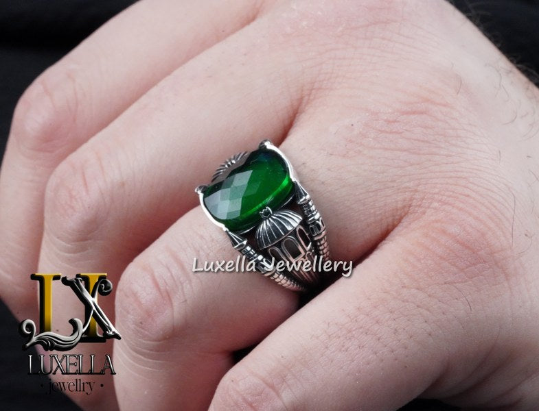 Sterling Silver Emerald Men's Ring - Unique Handcrafted Ring for Men