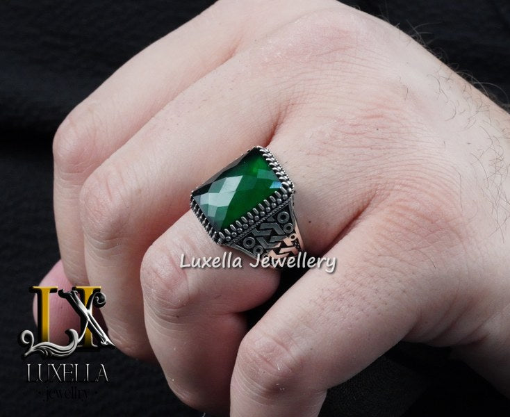 Sterling Silver Emerald Men's Ring - Unique Handcrafted Ring for Men