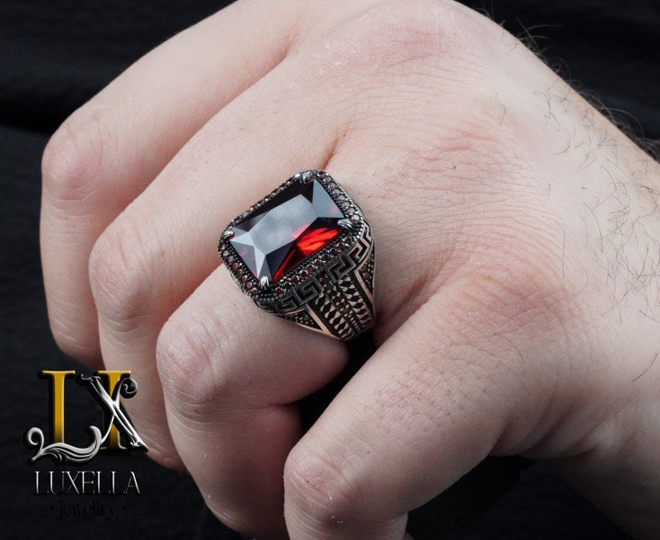 Sterling Silver Garnet Men's Ring - Handcrafted Jewelry for Bold Style